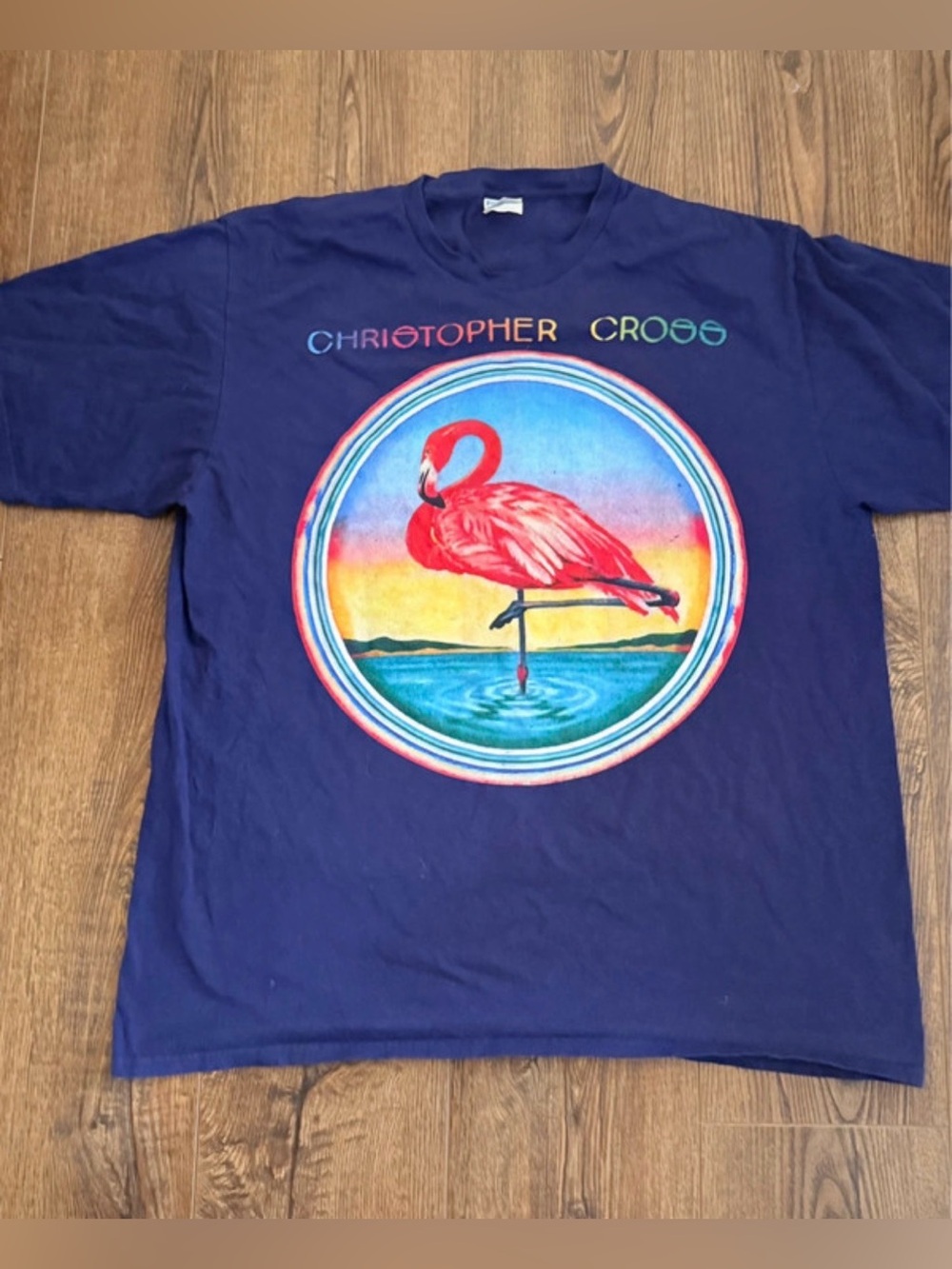 Christopher Cross Navy Graphic Crewneck Tee with Flamingo Print